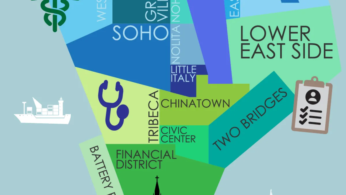 A stylized illustration of Lower Manhattan in blue and greens. Overlaid on the map are symbols representing mental health, like a profile with a scribbled mind, a caduceus, and checklist. A small symbol representing Trinity Church is in Black at the bottom half of the image.