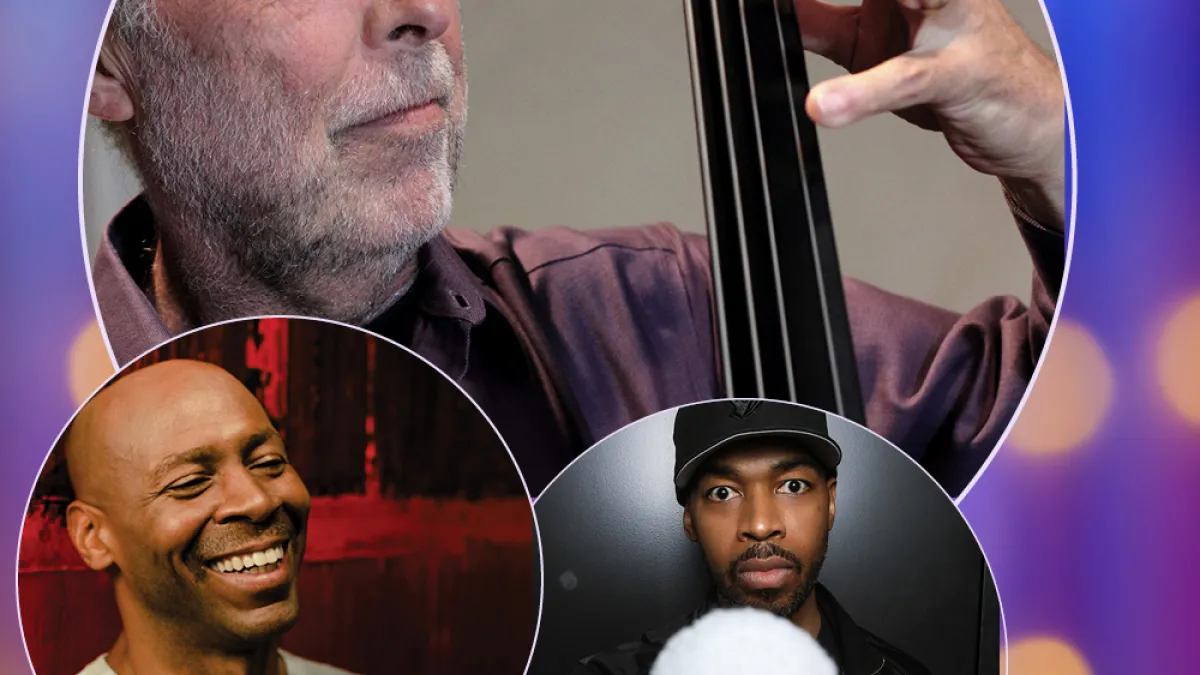 Three circles with Jazz artists images in them