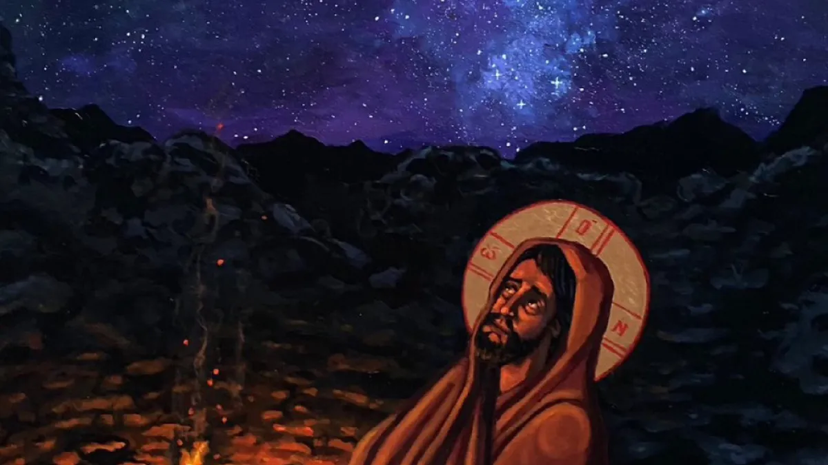 Icon of asylum seeker by campfire