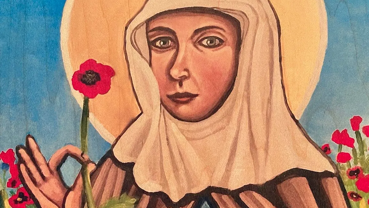 Illustration of Julian of Norwich, wearing a light brown robe with blue sleeves and a beige veil. She stands in front of a blue sky and a yellow disk, representing the sun. Julian is holding one red flower between her right thumb and pointer finger, in her other hand, a book and a feather.
