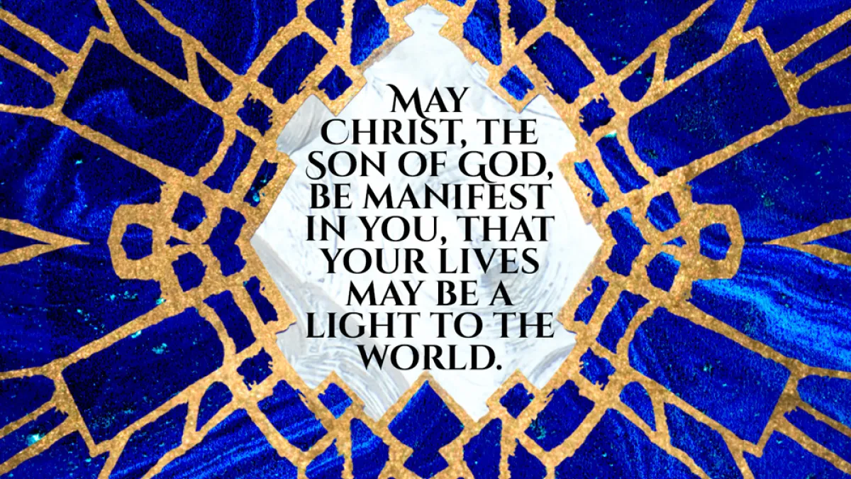 blue stained glass with blessing written in a burst of light