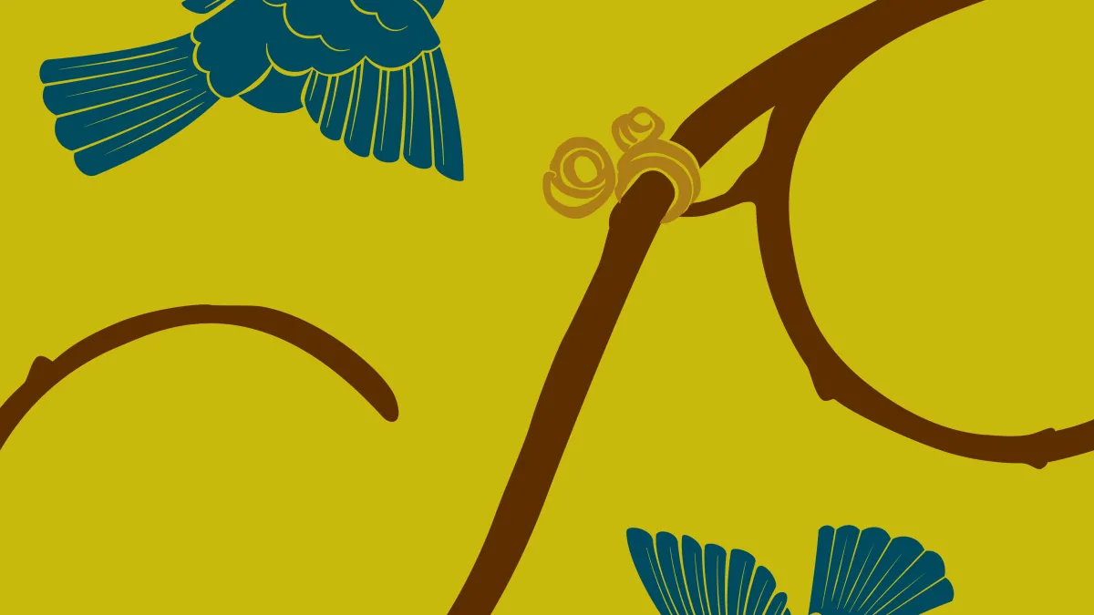 Blue birds and branch on a golden yellow field