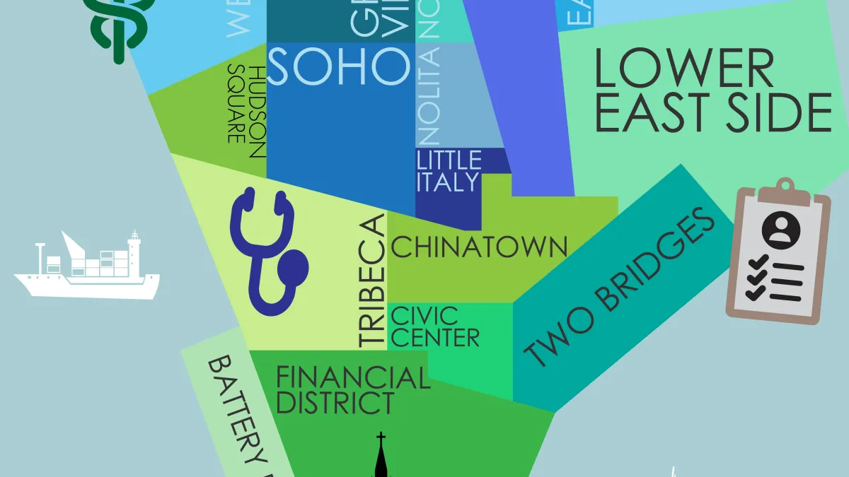 Stylized map of Lower Manhattan in blues and greens, reminiscent of a stained window. Each neighborhood is featured in a different color, with icons representing mental health strewn about the map.