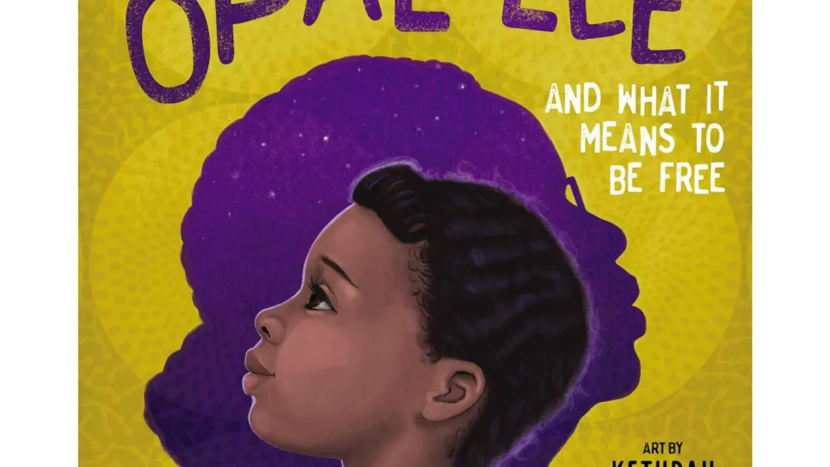 Cover page of Opal Lee And What It Means To Be Free by Alice Faye Duncan, with illustrations by Keturah A. Bobo, showing a young Black girl with the silhouette of an older woman behind her.