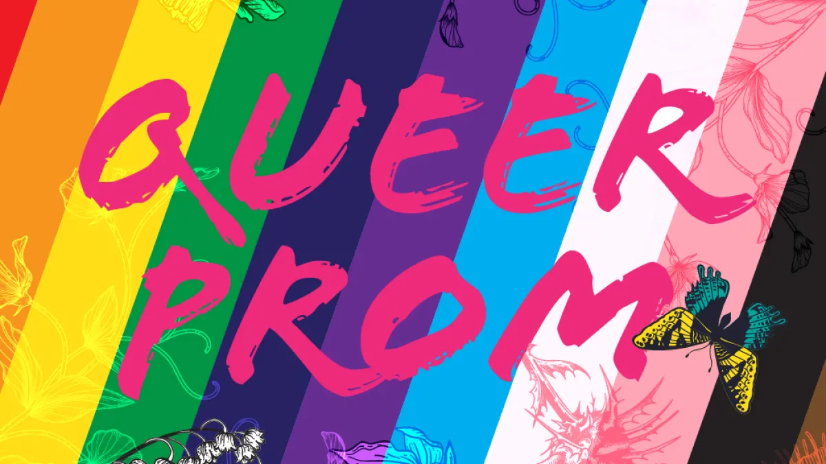 LGBTQ rainbow flag design with words QUEER PROM in the middle
