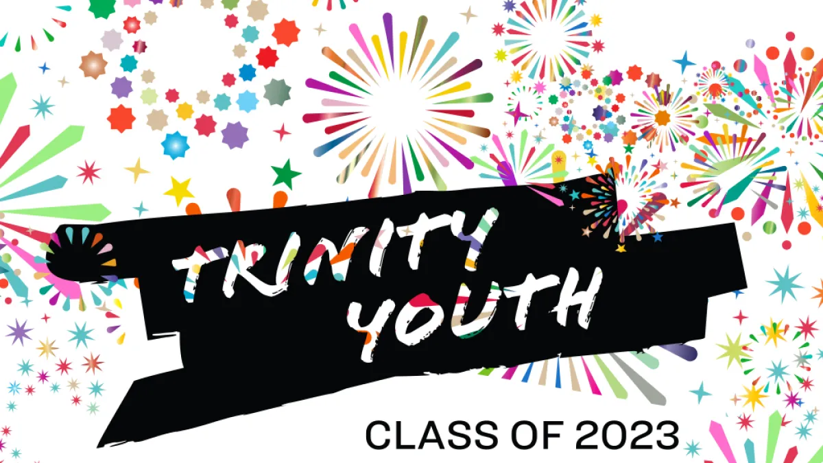 Trinity Youth Class of 2023 logo with firework design in the background