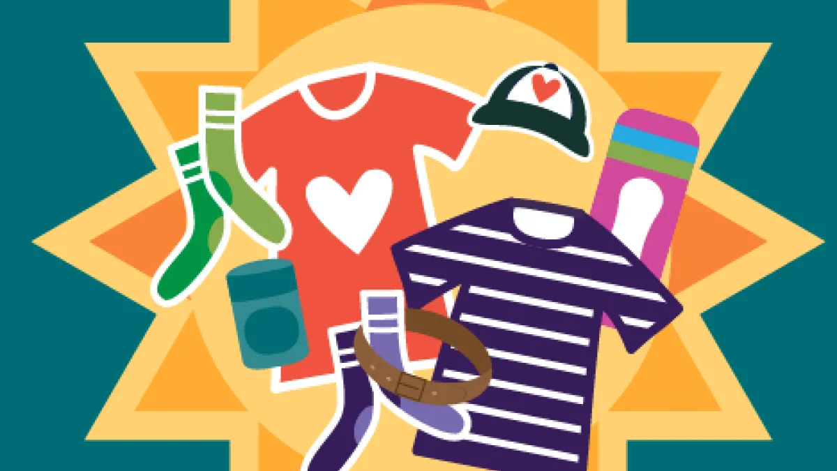 A colorful illustration of socks, clothes, and personal hygiene products layered over a yellow sun, all atop a teal background.