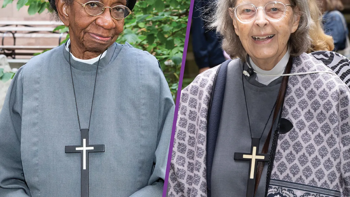 Sister Gloria Shirley at left stands in the Trinity Churchyard; Sister Ann Whittaker at right poses at the Parish Picnic