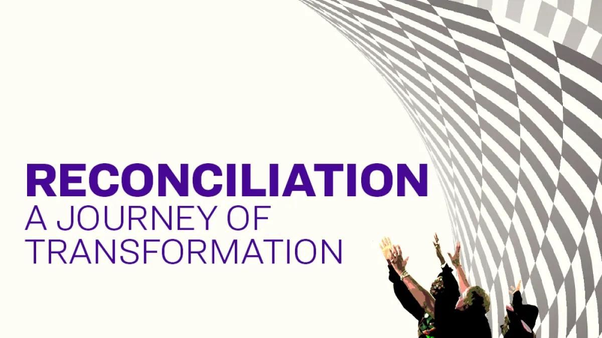 "Reconciliation: A Journey of Transformation;" dancers stand with hands reaching up against in front of a checkerboard vortex background