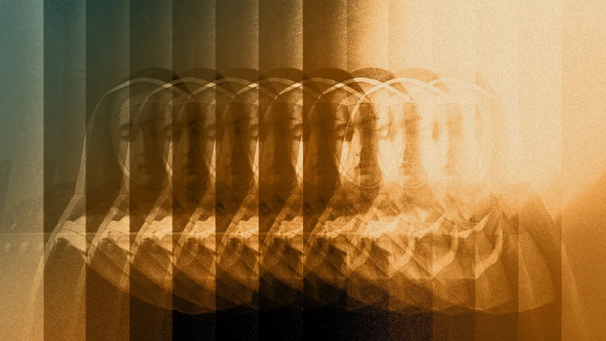 Image of Nun, split into bars in shades of amber