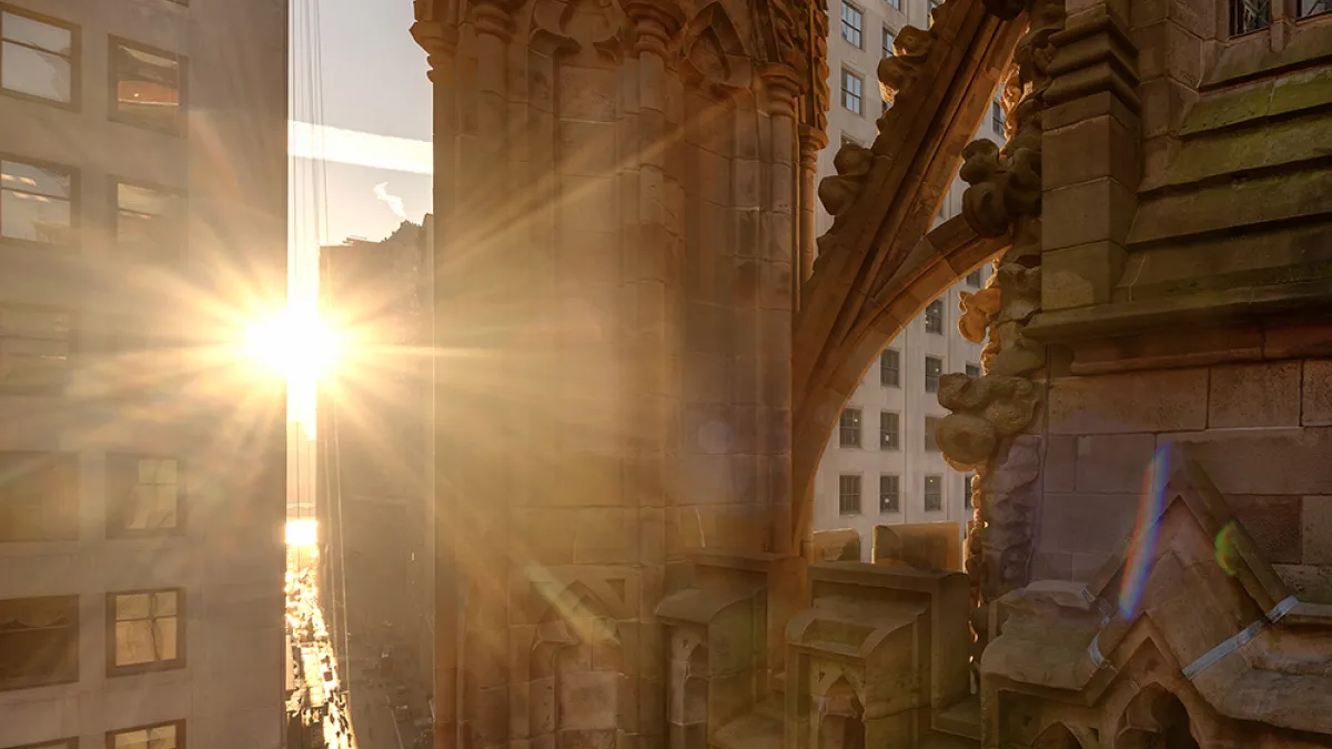 Trinity Church architectural features with sunlight streaming through