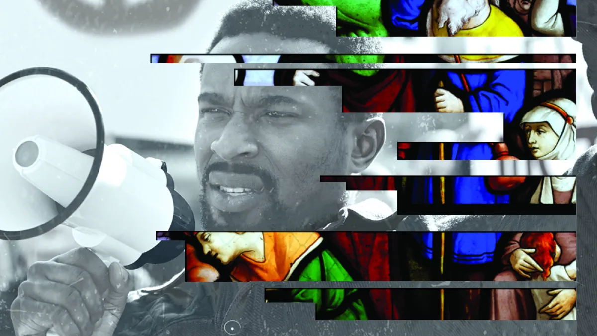 A collage image of a Black male protestor with a megaphone beside a stained glass depiction of the Exodus