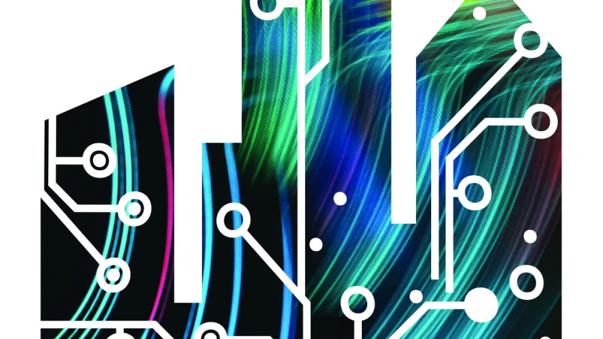 Illustration of buildings with a stylized circuit board overlaid with blue and green lights on the background.