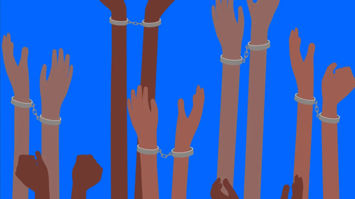 An illustration of hands wearing handcuffs, reaching towards the sky.