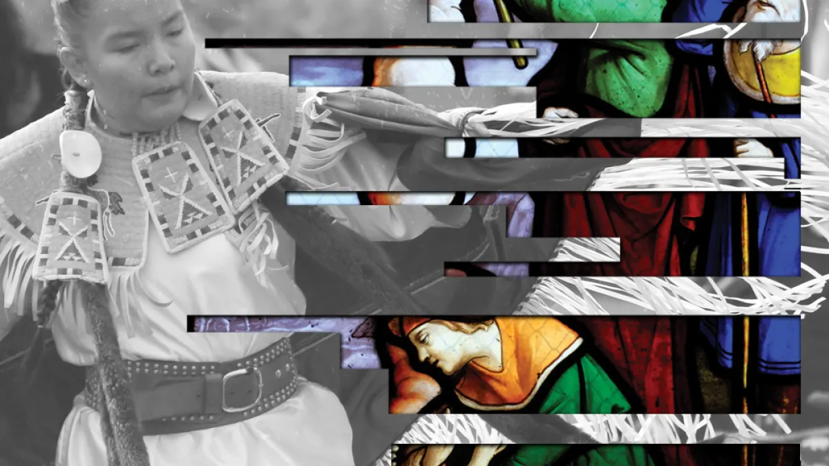 An image collage show an Indigenous woman dancing interposed with a stained glass depiction of the Exodus