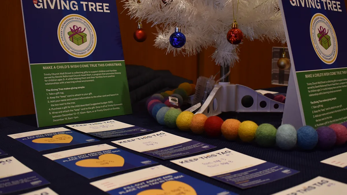 the Giving Tree in Trinity Commons with gift tags