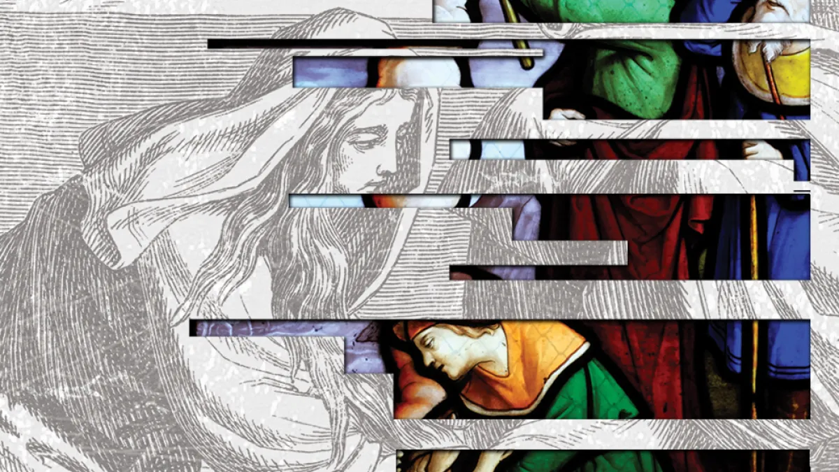 An image collage of an engraving of a woman wearing a robe and a stained glass image of the Exodus