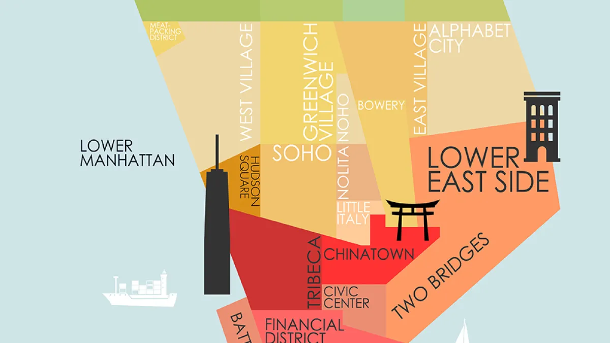 Illustration of Lower Manhattan with the different neighborhoods labeled. The text "Collaborative Learning Convening" appears at the top.