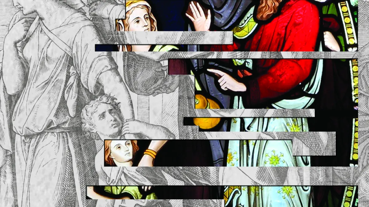 A stained glass image of Hagar and Ishmael interposed with a lithographic of the same subject