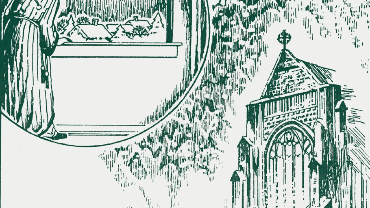A vintage drawing of Church of the Intercession and a scene from A Visit from St. Nicholas