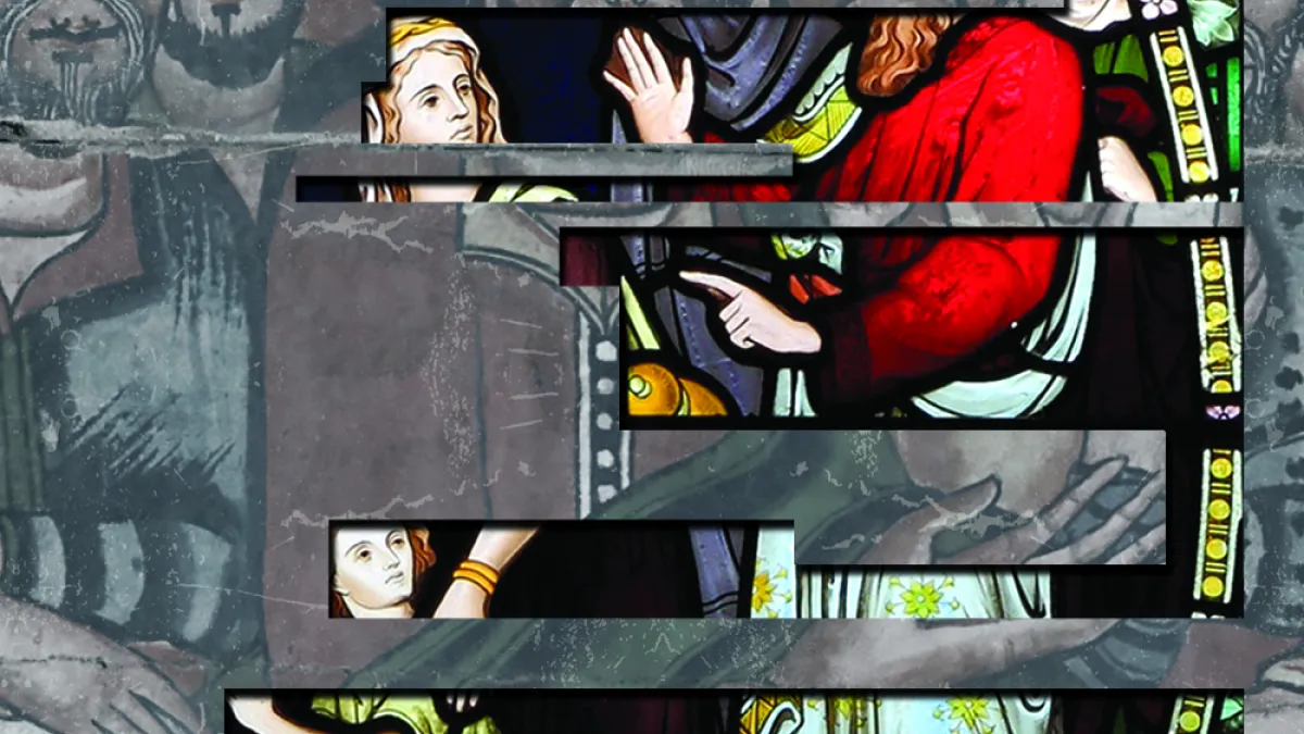 Stained glass image of an angel appearing to Hagar and Ishmael, on top of an Ethiopian Christian painting of the Last Supper