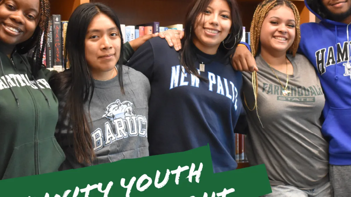 Shot of Trinity Youth wearing college sweatshirts with a green banner that reads "Trinity Youth Alumni Night" overlayed on top.