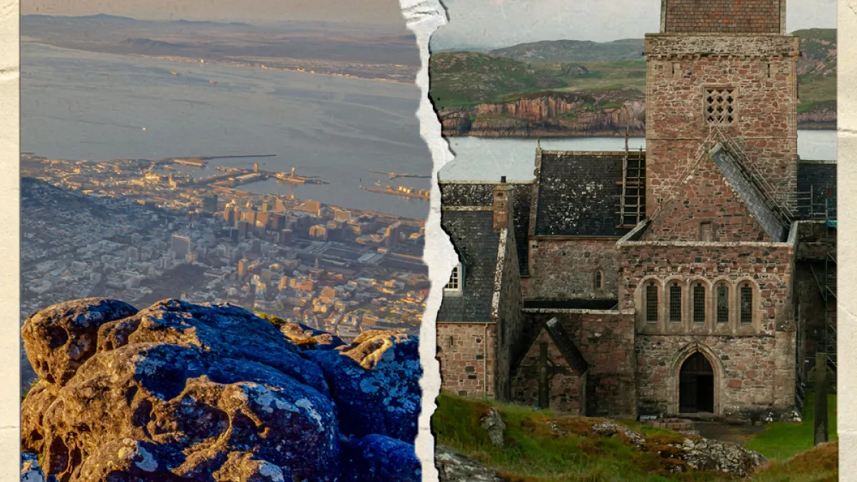 Polaroid-style image showing Cape Town, South Africa and Iona, Scotland