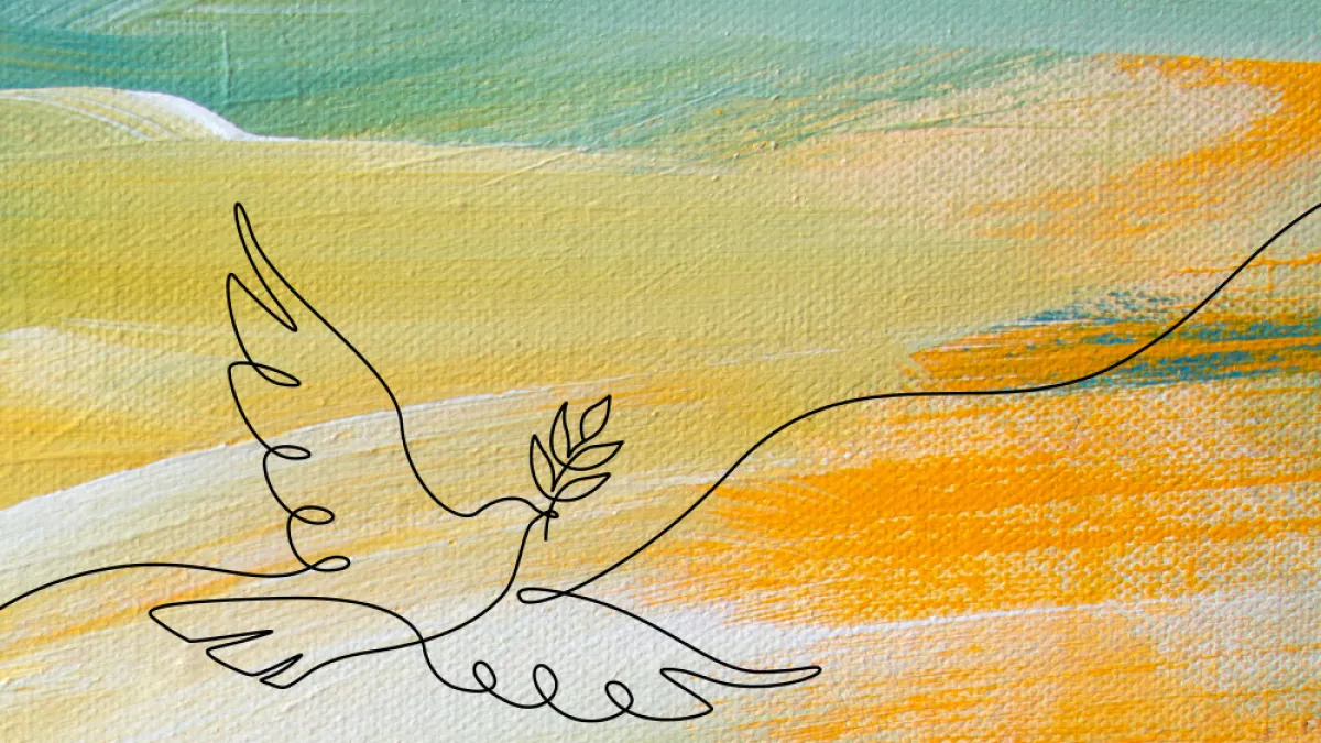 A stylized line drawing of a dove with an olive branch above a painted background