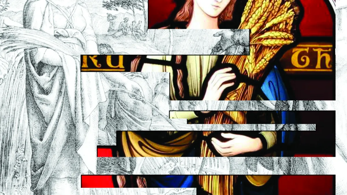 A stained glass image of Ruth on the threshing floor overlaid on an etched illustration of the same story