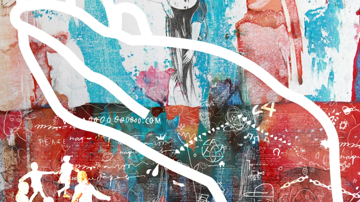 A digital collage featuring an open palm held up and the word "Welcome"