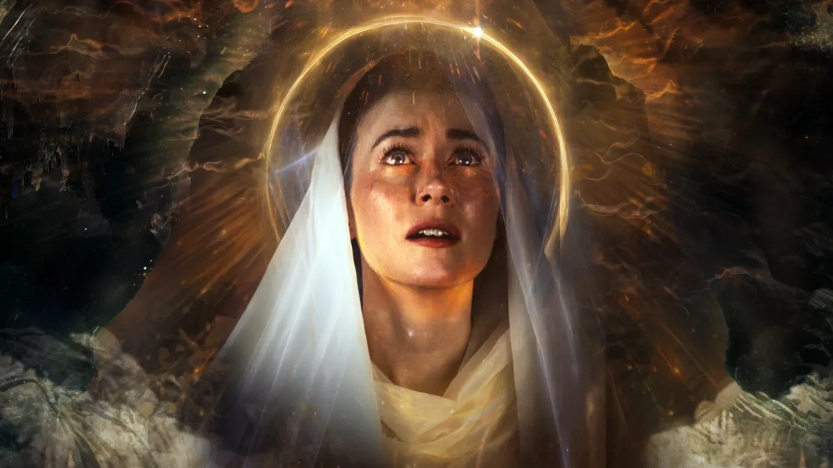 Caucasian woman with brunette hair looks skyward; her head and shoulders stretch upwards from clouds. Her head is covered by a white drape, and encircled by a halo.