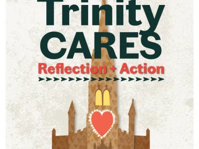 Trinity Cares Reflection + Action logo art with a church and a heart as paper cutouts