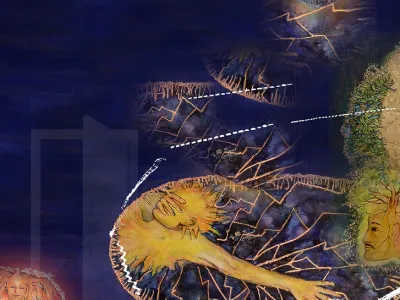 A painting of a human form floating in abstract space