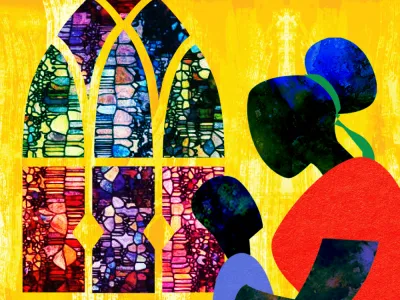 Illustration of mother and child in front of stained glass window