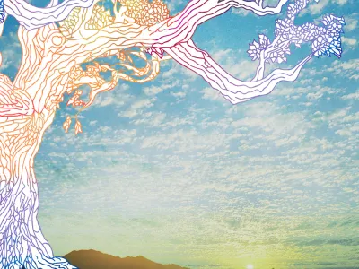 Colorful illustration of a Tree of Life imposed on a backdrop showing the sun rising into a blue sky behind a mountain range