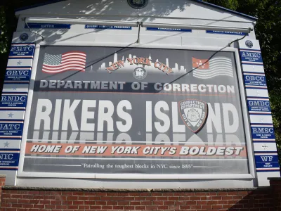 Rikers Island sign at entrance to Rikers Island Jail Complex