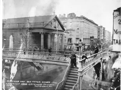 St. Paul's Chapel (and a pedestrian walkway over Broadway) in 1866, one hundred years after the chapel was completed. 