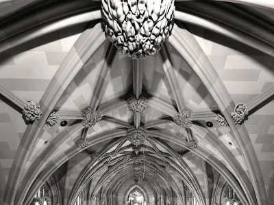 Trinity Church ceiling arches in black and white