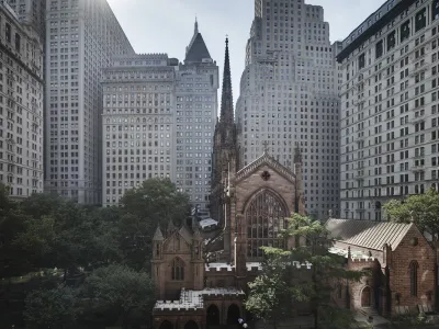 A view of Trinity Church and the surrounding neighborhood from 76 Trinity Place