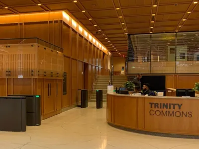 Entryway of Trinity Commons with Welcome desk