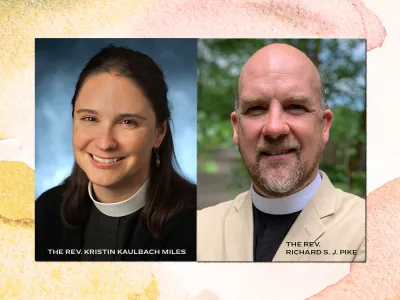 Headshots of the Rev. Richard S. J. Pike and the Rev. Kristin Kaulbach Miles over a muted watercolor background