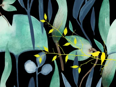 Blue and green leaves over a black background, with yellow accent leaves on top