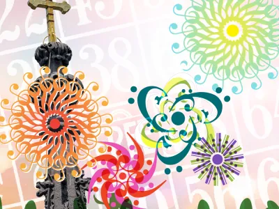 A festive design featuring the Trinity Church steeple and bursts of color made from interlocking music notes over a pink Bingo board background