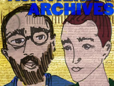 Ask Trinity Archives art with line drawing of Joe Lapinski and Marissa Maggs on a yellow background