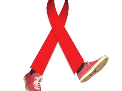 Red ribbon with tennis shoes