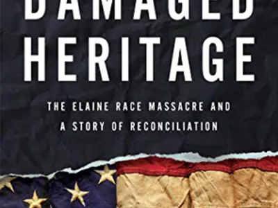 Damaged Heritage book cover with dark blue background and the American flag