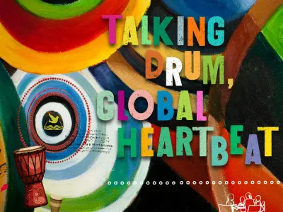 "Talking Drum, Global Heartbeat" set in colorful type over a rainbow-colored background of overlapping concentric circles