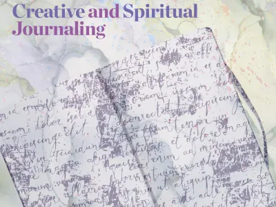 A book in purple on a yellow background with the words, "The Way of Words & Images: Creative & Spiritual Journaling"