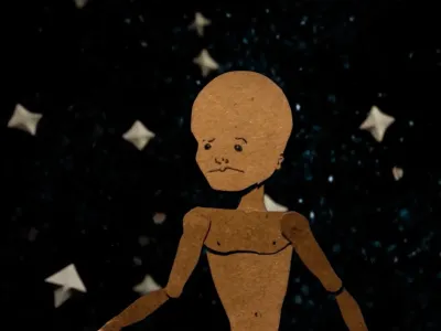 Image of art with figure frowning in front of a black background and stars