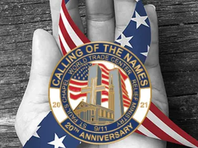 Logo for Calling of the Names - a medal, a hand, and a red, white and blue ribbon